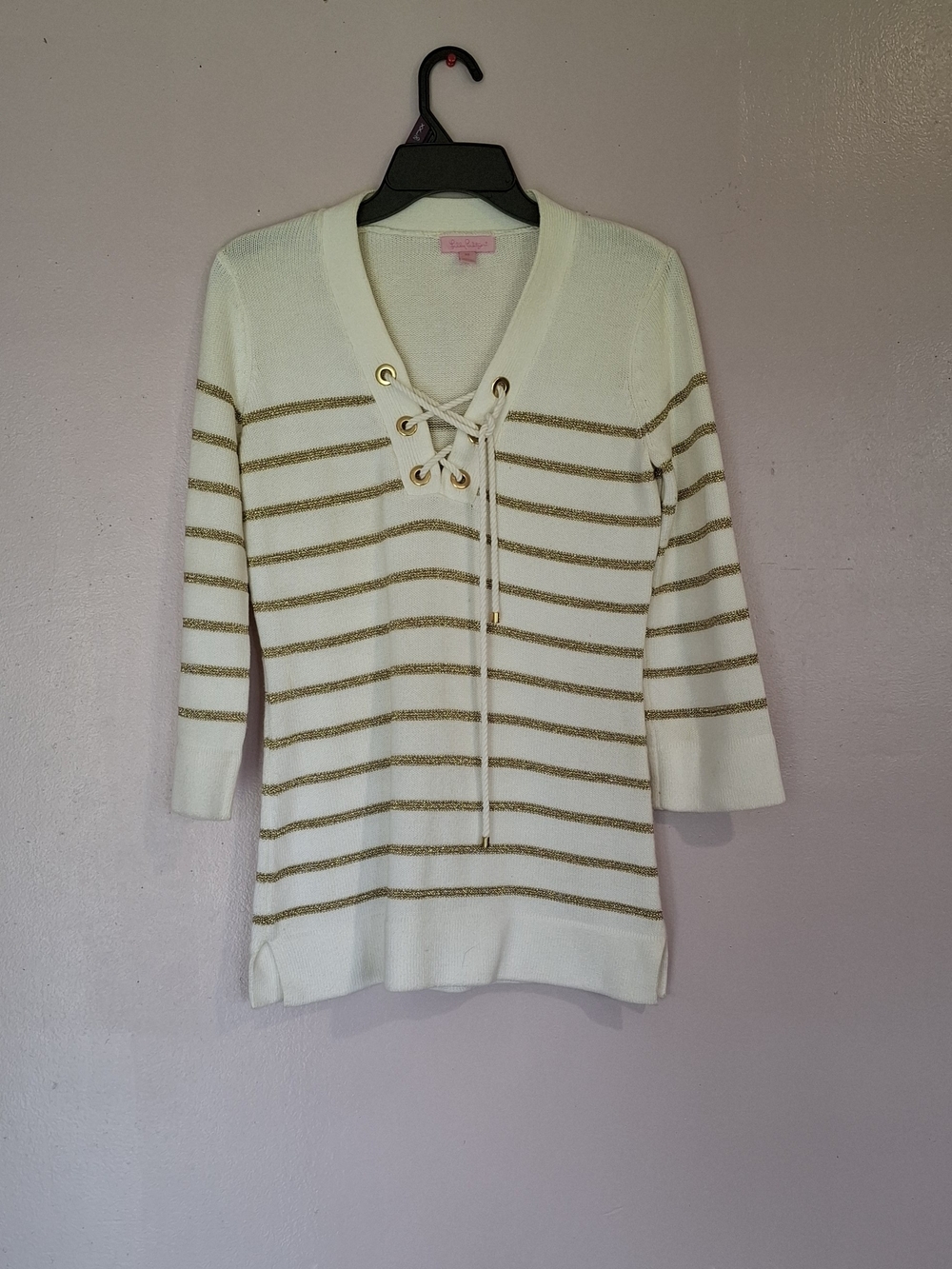 Lilly Pulitzer Cream V-Neck Lace-Up Sweater with Gold Stripes